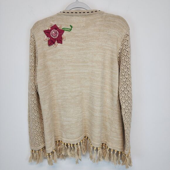 Storybook Knits Cardigan Sweater Size M Beige Crochet Fringe Granny Vintage - Picture 15 of 15